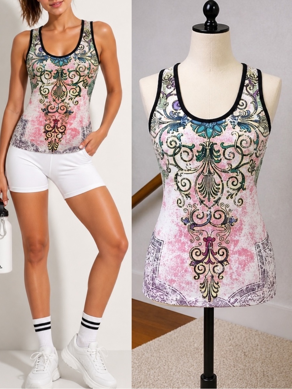 147 So Sporty | EUC USA Boho Baroque Racerback White Green Workout Tank Top (S)